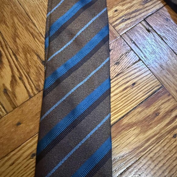 Gallieni 100% Silk Tie Made in Italy Brown & Blue Striped Necktie 63” x 3.5” Lux - Picture 4 of 5